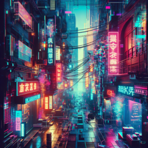 A digital art piece featuring a glitch aesthetic and a cyberpunk theme.