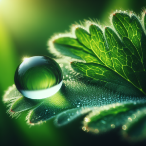 A macro photo of a dewdrop on a leaf