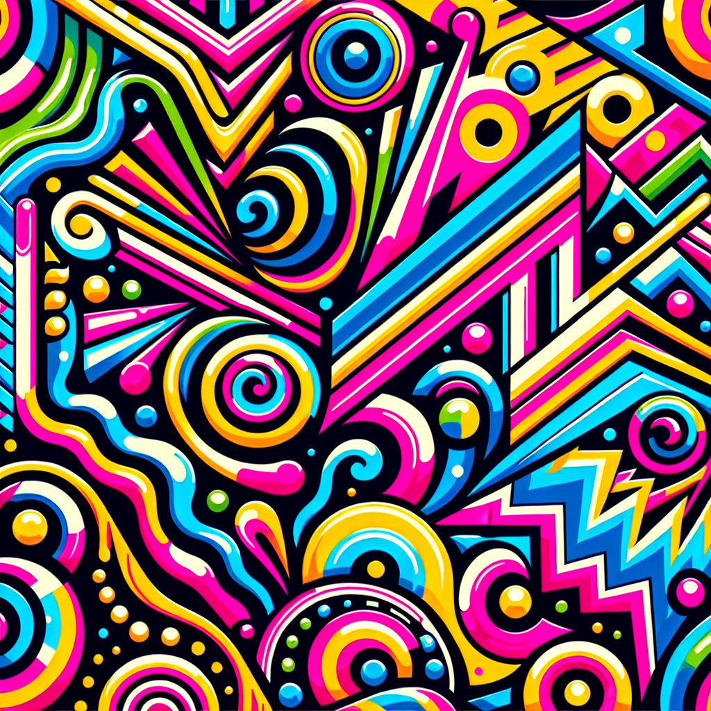 A psychedelic Memphis pattern with spirals, zigzags and vibrant colors.