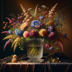 A still life painting of flowers in a crystal vase with a velvet tablecloth.