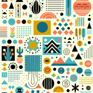 Un motif Memphis inspiré de l'art populaire avec des formes simples et des couleurs vives.