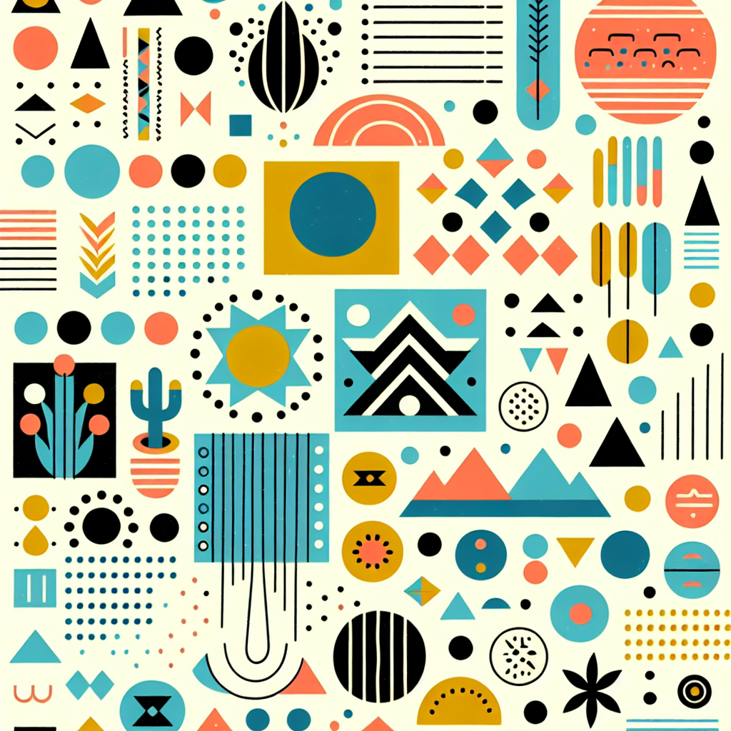 Un motif Memphis inspiré de l'art populaire avec des formes simples et des couleurs vives.